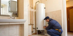 A plumber provides the best hot water heater repair service on a residential tank.