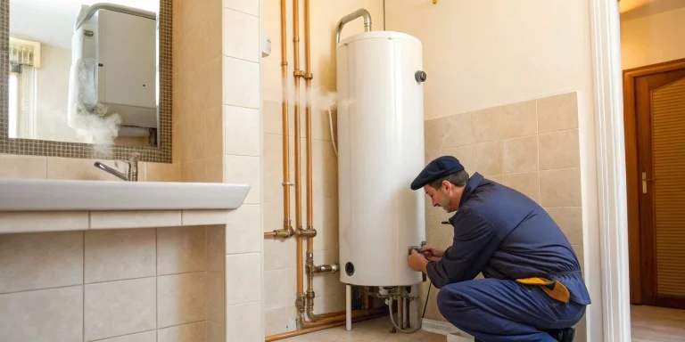 Plumber servicing a wall-mounted water heater, related to choosing the best water heater repair service.