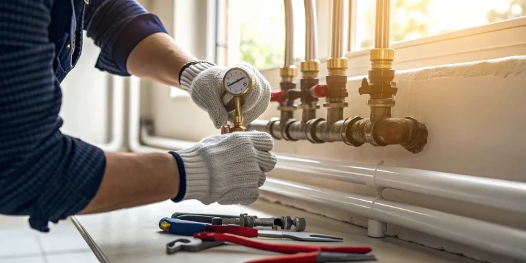 Plumber working on a wall-mounted valve manifold, related to finding certified backflow testers.