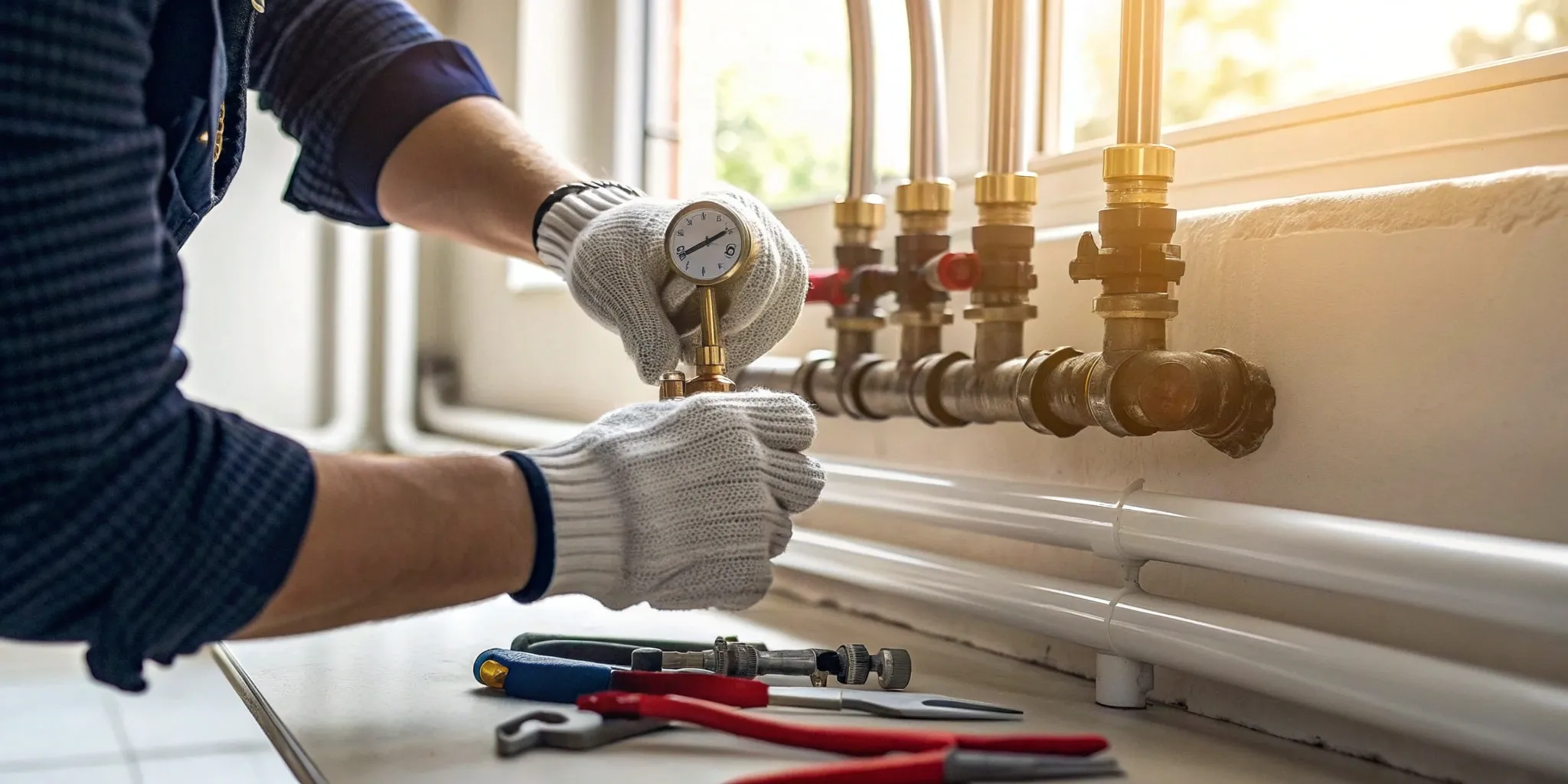 Plumber working on a wall-mounted valve manifold, related to finding certified backflow testers.