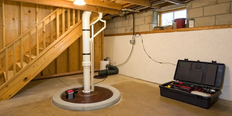 Sump pump installed in a basement floor with a toolbox nearby, related to hiring the best sump pump installers.