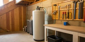 A newly installed water softener connected to the plumbing for a home's well water system.