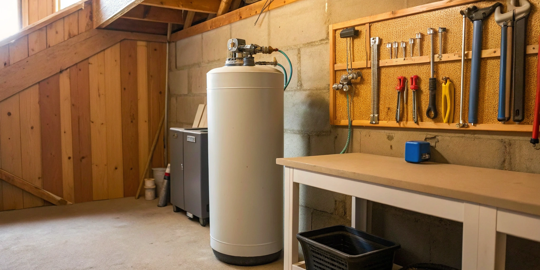 Water softener tank installed in a basement workshop, related to installing a water softener with a well.