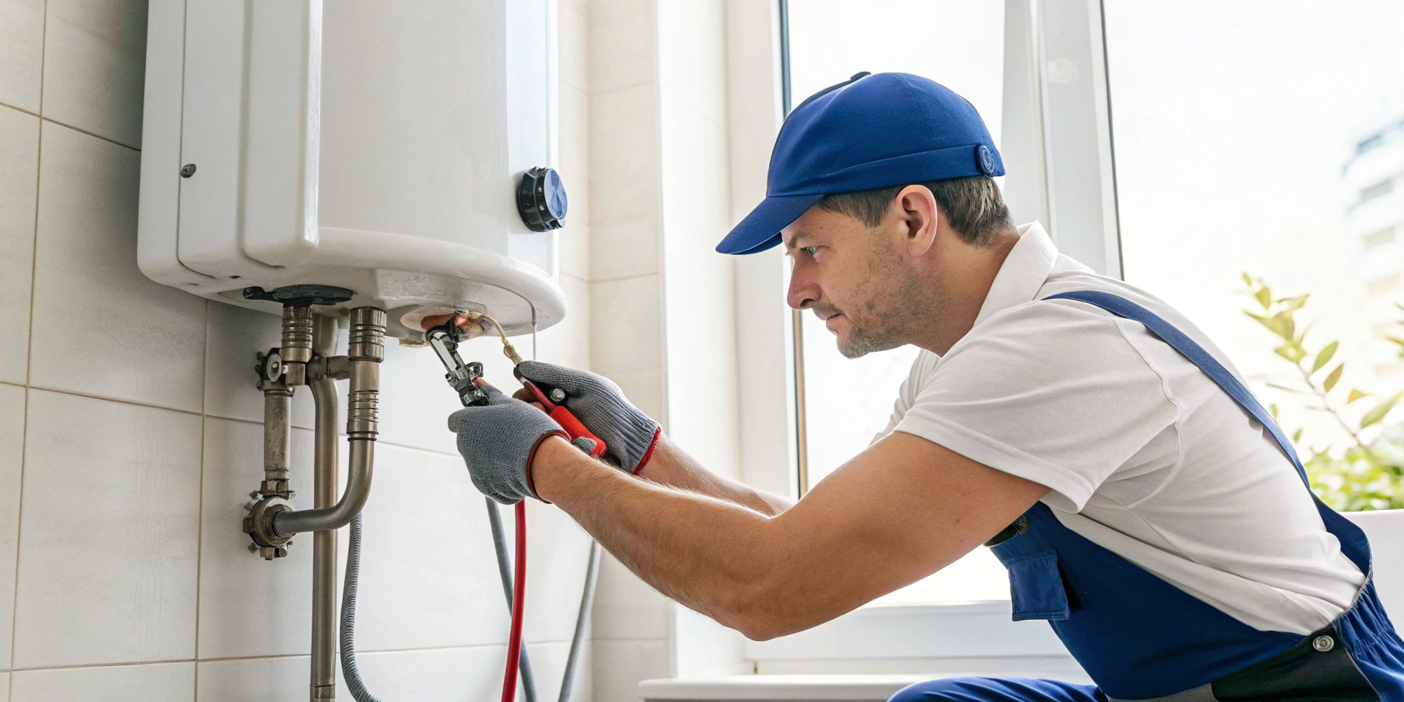 Plumber installing a wall-mounted water heater, related to picking the best plumbers for tankless heaters.