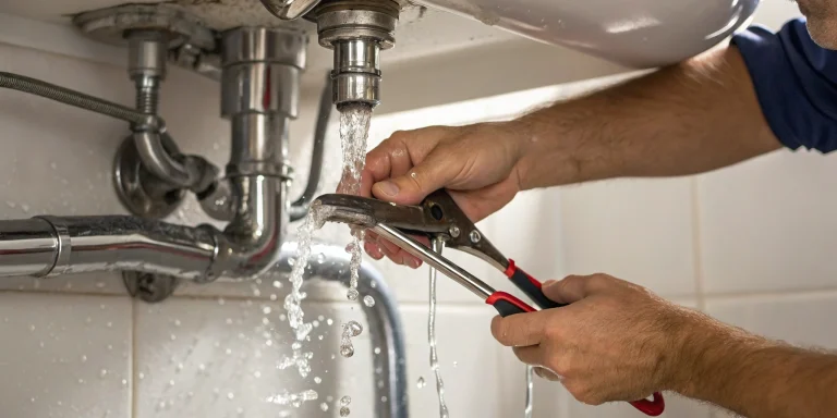 Plumber using a wrench to repair a burst pipe under a sink.