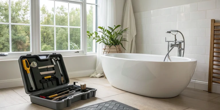 Plumber's toolbox next to a bathtub, related to the essential bathroom remodel plumbing checklist.