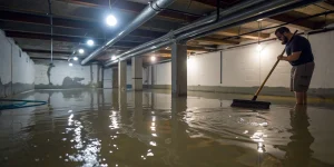 A flooded basement shows what happens when a pipe bursts under the house.