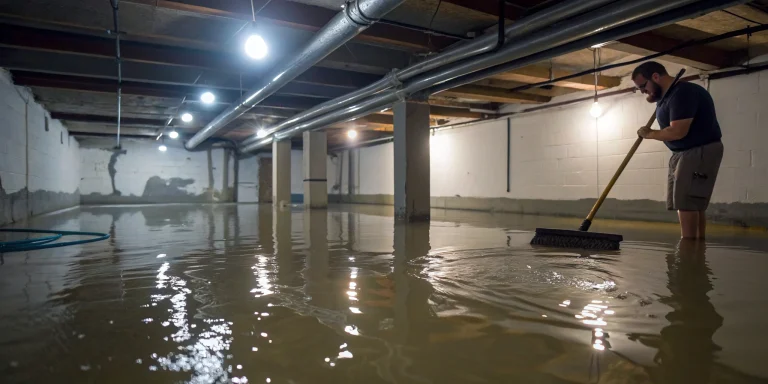 Flooded basement floor, related to what happens when a pipe bursts under your house.