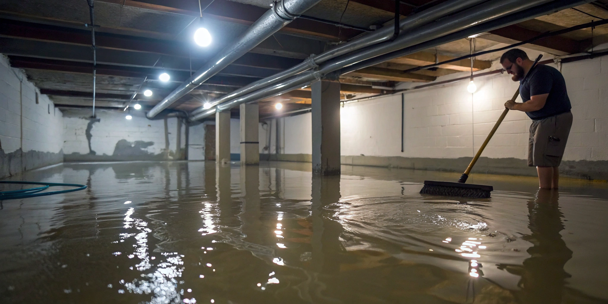 Flooded basement floor, related to what happens when a pipe bursts under your house.