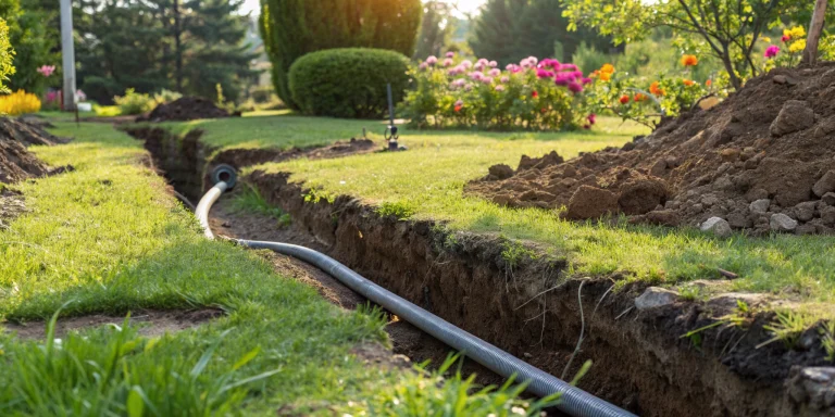 Excavated yard trench for a water line, related to homeowner water line responsibility.