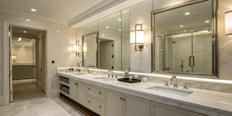 Luxury remodeled bathroom with a double vanity, related to bathroom remodel plumbing costs.