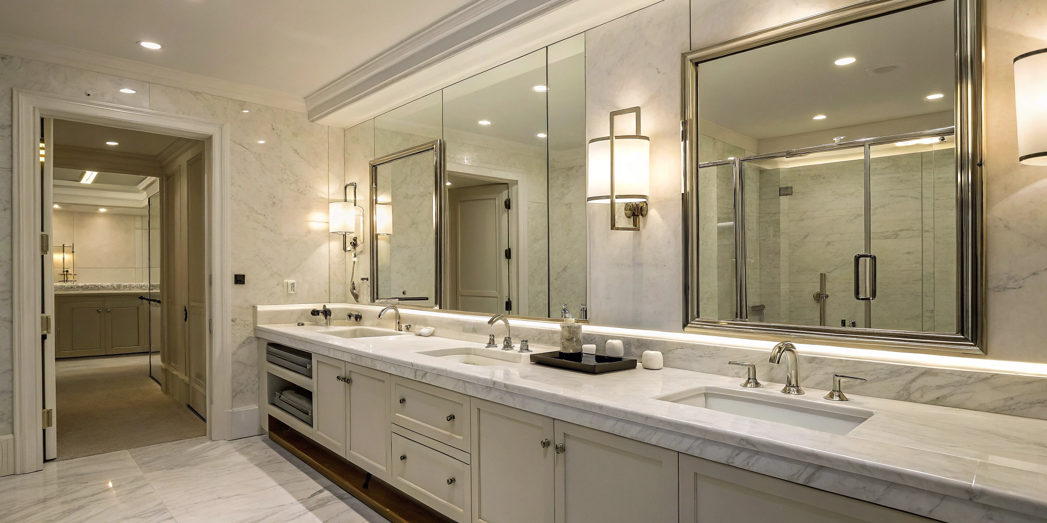 Luxury remodeled bathroom with a double vanity, related to bathroom remodel plumbing costs.
