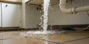 A burst pipe under a kitchen sink floods the floor, requiring immediate repair.