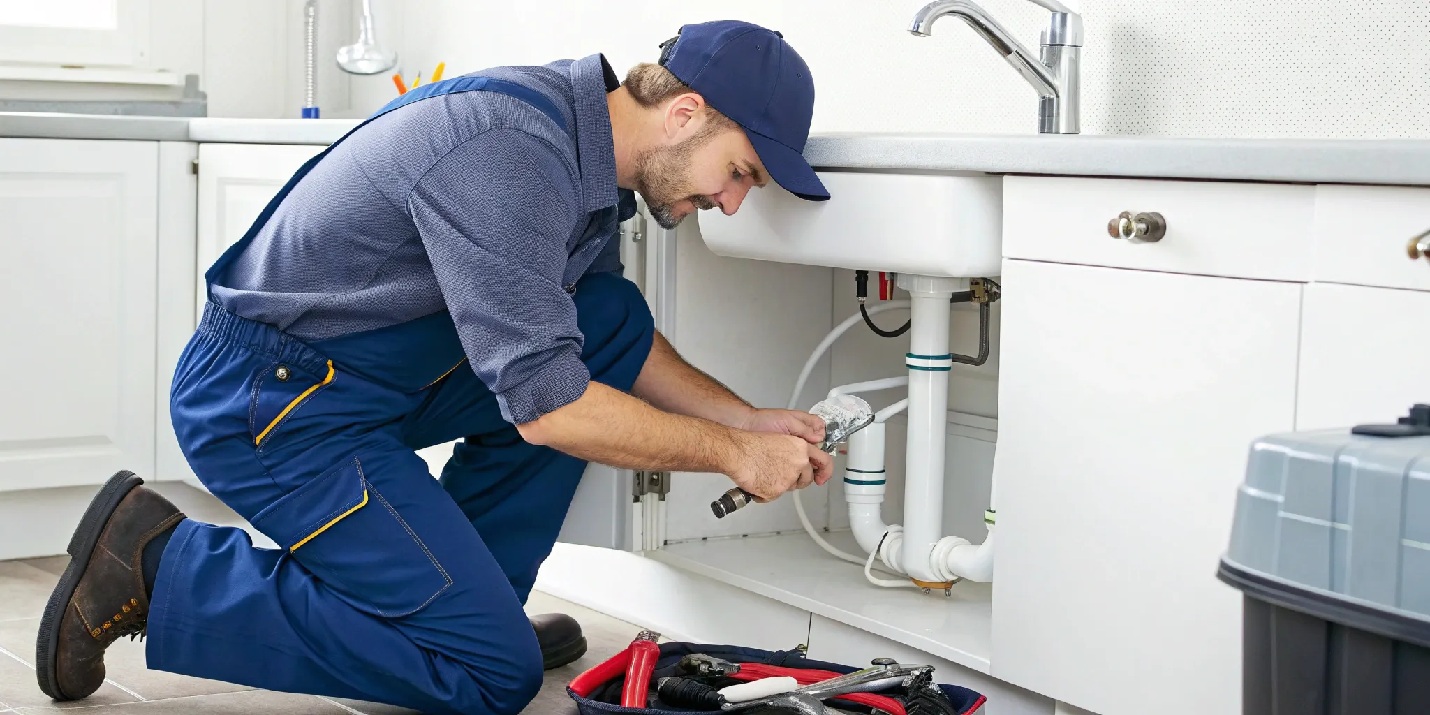 Plumber repairing a burst pipe under a sink.