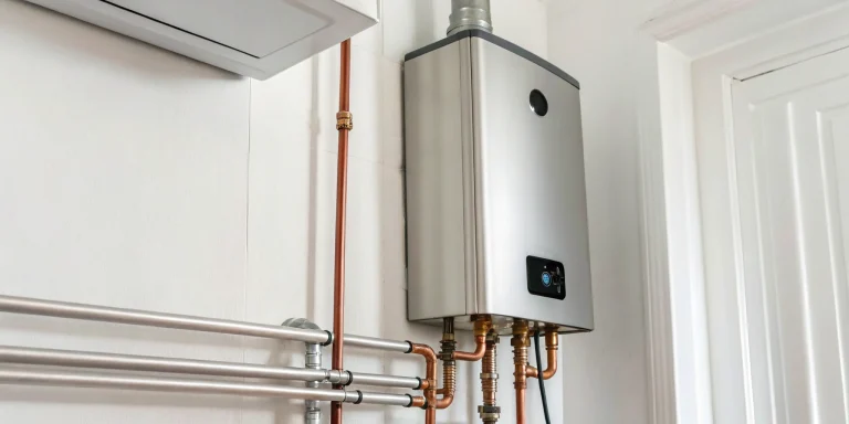 Tankless water heater installed on a wall with connecting pipes, related to installing an electric tankless water heater.