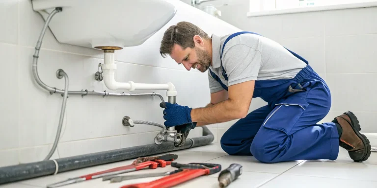 Plumber kneeling to repair pipes under a bathroom sink, related to repairing a burst water pipe.