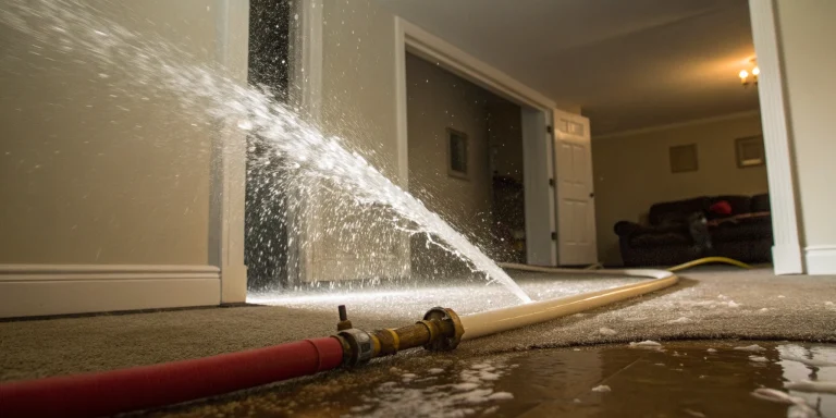 Water spraying inside a home hallway from a burst pipe, related to pipe burst repair cost.