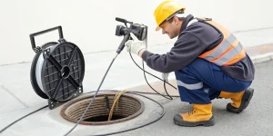 Plumber using a sewer line camera for an inspection to determine repair cost.
