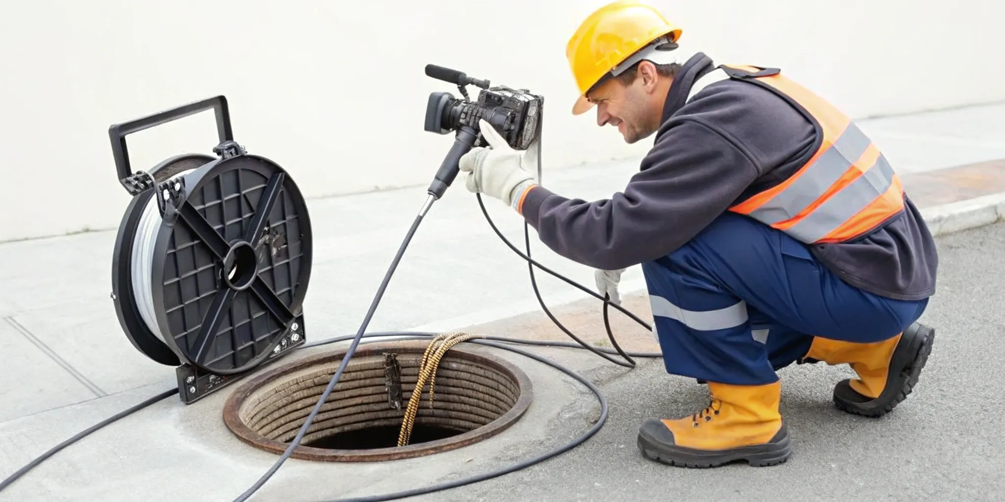 Plumber using a sewer camera to inspect a drain line.