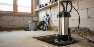 Professional sump pump installation in a basement pit, a major part of the overall cost.