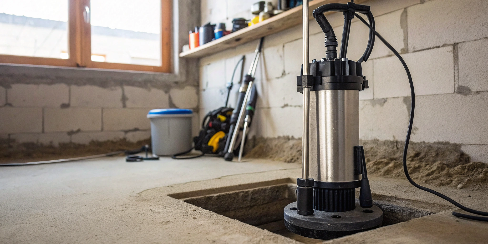 Professional sump pump installation in a basement pit, a major part of the overall cost.