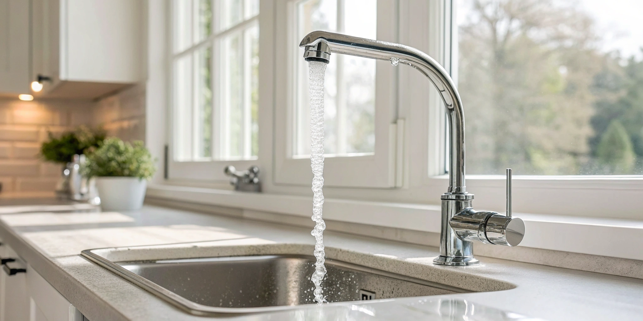 A kitchen faucet with running water, a key part of calculating water softener and installation cost.